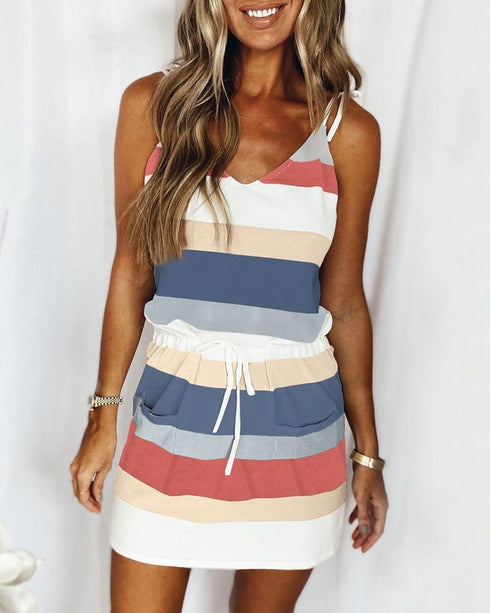 Spaghetti Strap Striped Colorblock Drawstring Dress